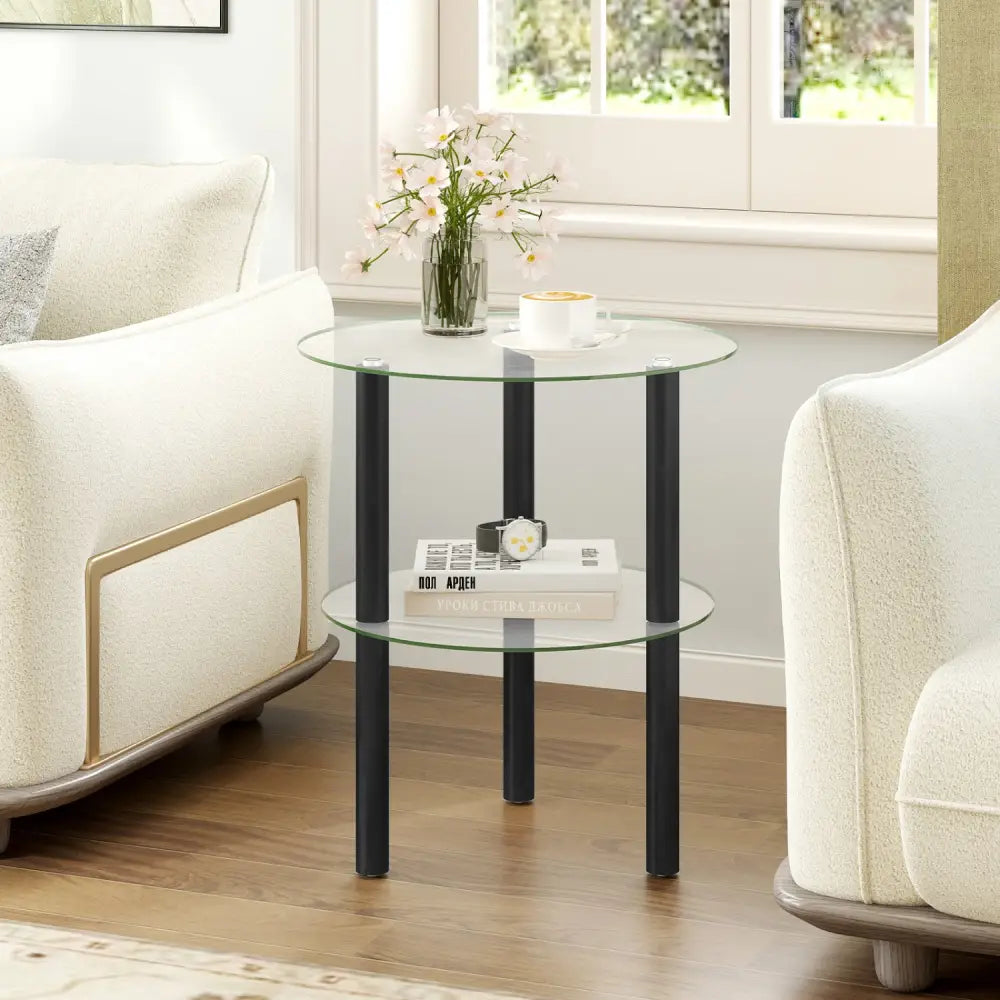 2-Tier Round End Table with Clear Tempered Glass Top and Shelf-Black - Black - End & Side Tables
