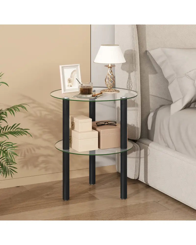 2-Tier Round End Table with Clear Tempered Glass Top and Shelf-Black - Black - End & Side Tables