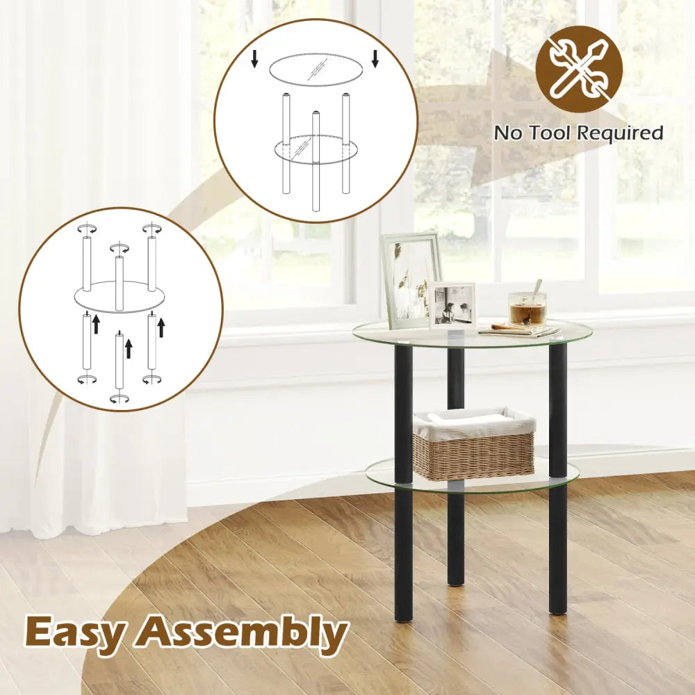 2-Tier Round End Table with Clear Tempered Glass Top and Shelf-Black - Black - End & Side Tables