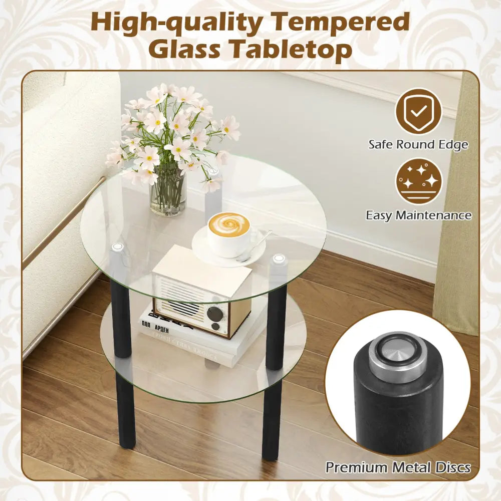 2-Tier Round End Table with Clear Tempered Glass Top and Shelf-Black - Black - End & Side Tables