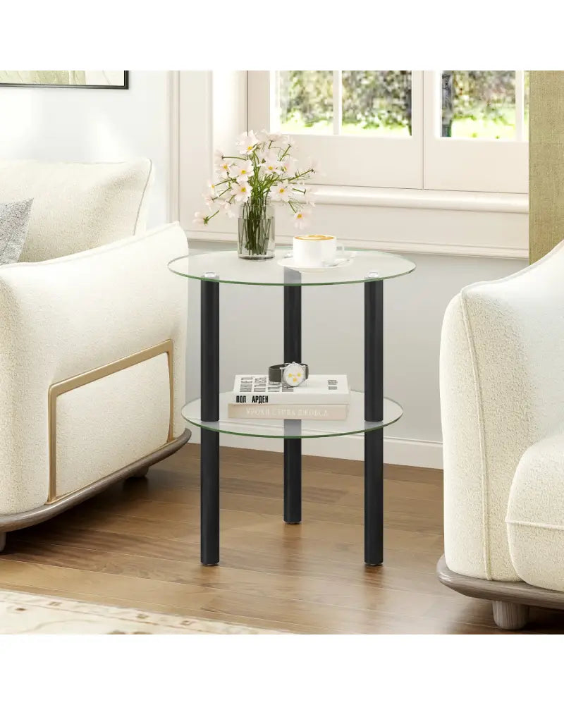 2-Tier Round End Table with Clear Tempered Glass Top and Shelf-Black - Black - End & Side Tables