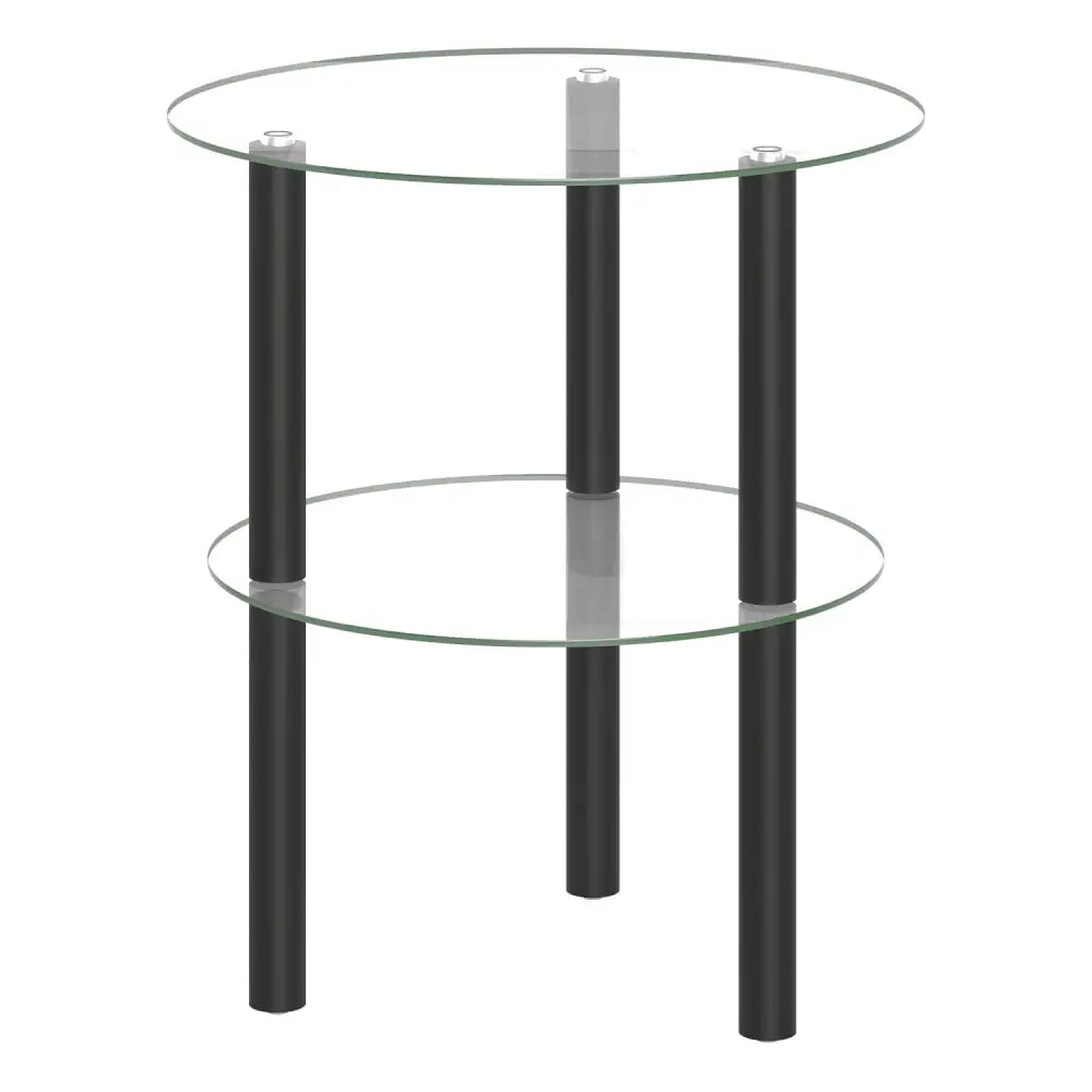 2-Tier Round End Table with Clear Tempered Glass Top and Shelf-Black - Black - End & Side Tables