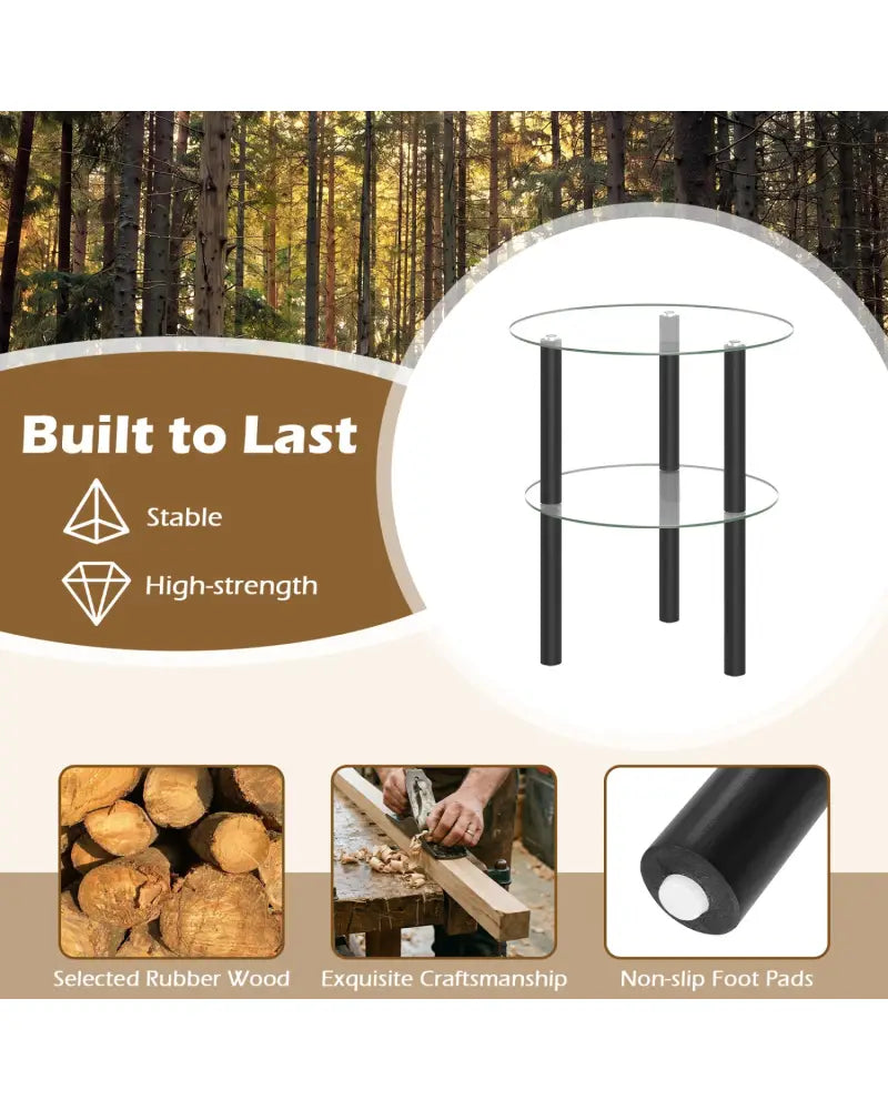 2-Tier Round End Table with Clear Tempered Glass Top and Shelf-Black - Black - End & Side Tables
