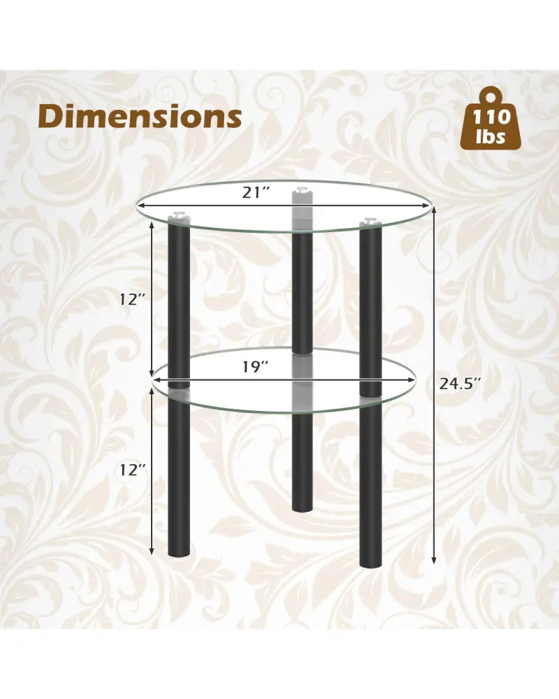 2-Tier Round End Table with Clear Tempered Glass Top and Shelf-Black - Black - End & Side Tables