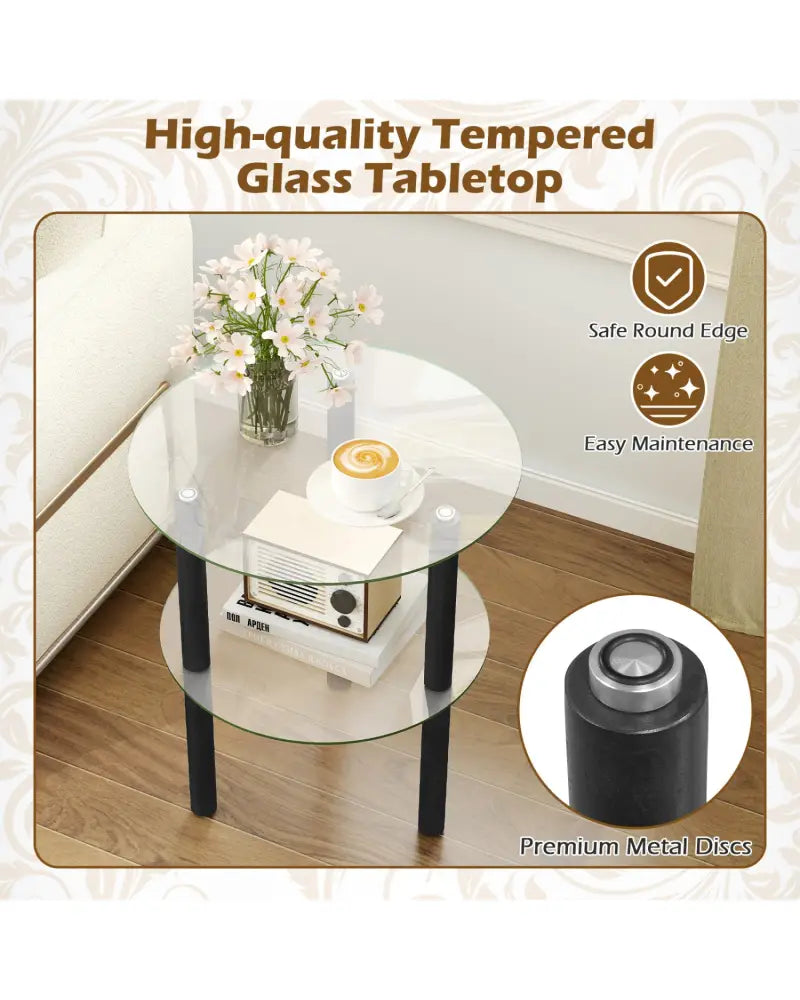 2-Tier Round End Table with Clear Tempered Glass Top and Shelf-Black - Black - End & Side Tables