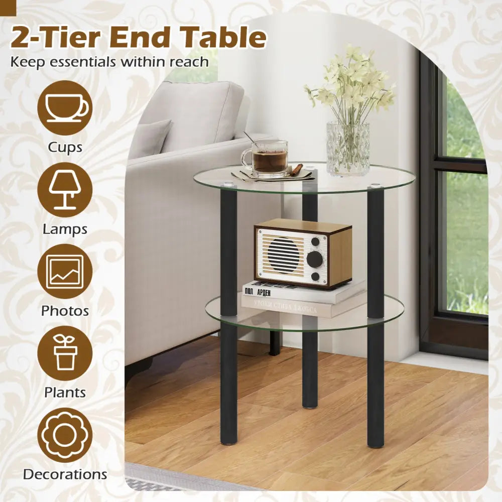 2-Tier Round End Table with Clear Tempered Glass Top and Shelf-Black - Black - End & Side Tables