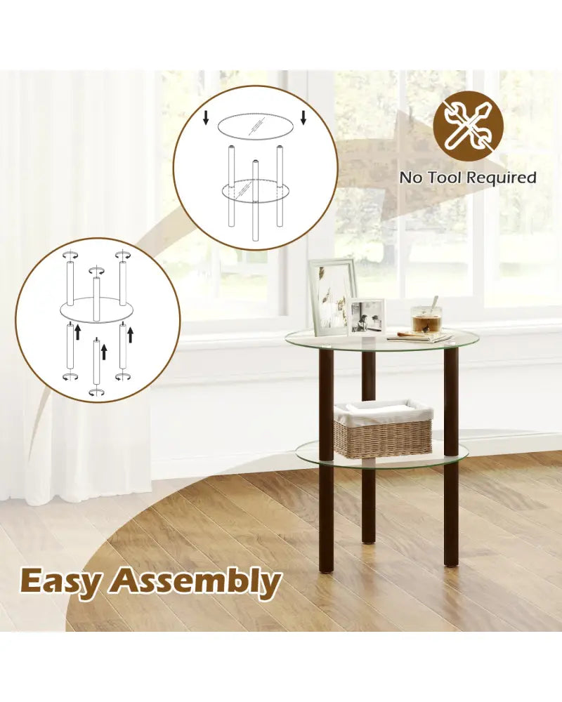 2-Tier Round End Table with Clear Tempered Glass Top and Shelf-Brown - Brown - End & Side Tables