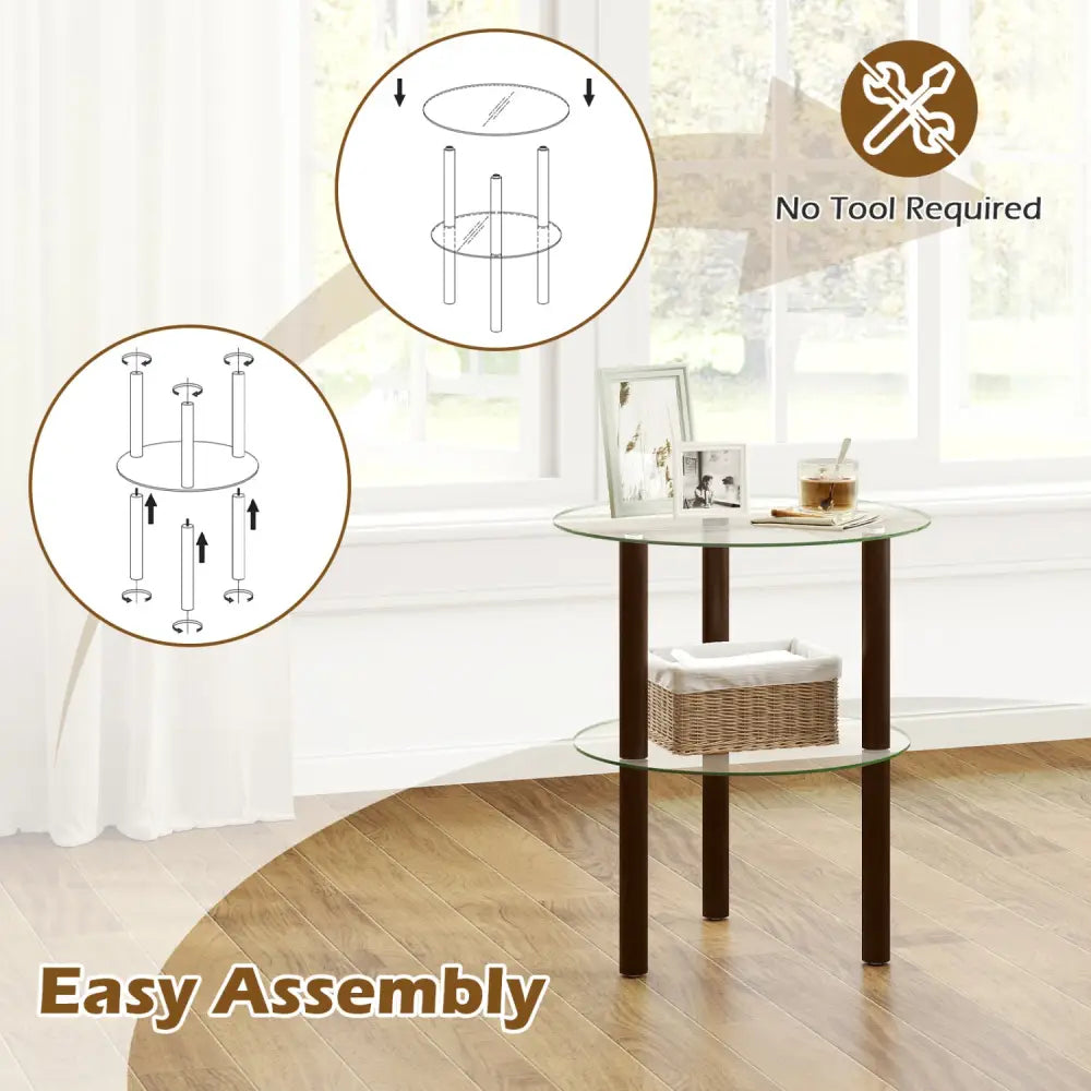 2-Tier Round End Table with Clear Tempered Glass Top and Shelf-Brown - Brown - End & Side Tables