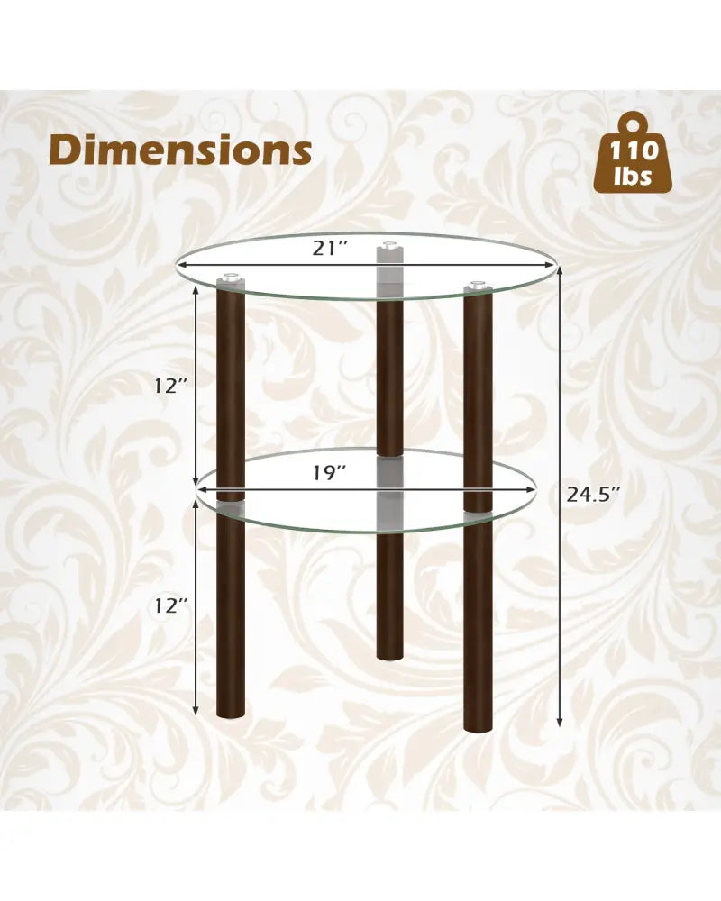 2-Tier Round End Table with Clear Tempered Glass Top and Shelf-Brown - Brown - End & Side Tables