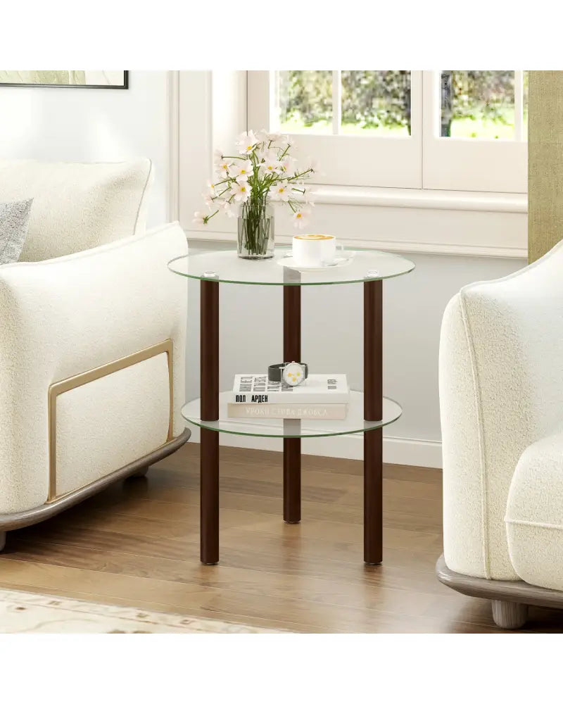 2-Tier Round End Table with Clear Tempered Glass Top and Shelf-Brown - Brown - End & Side Tables