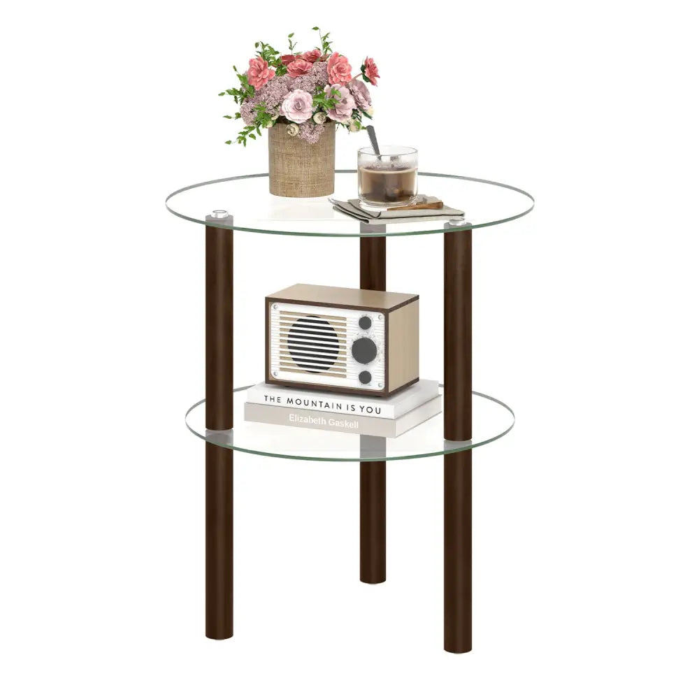 2-Tier Round End Table with Clear Tempered Glass Top and Shelf-Brown - Brown - End & Side Tables