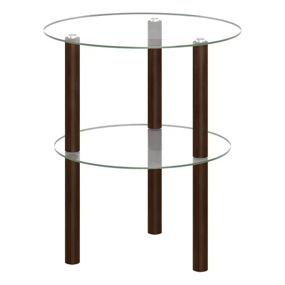 2-Tier Round End Table with Clear Tempered Glass Top and Shelf-Brown - Brown - End & Side Tables
