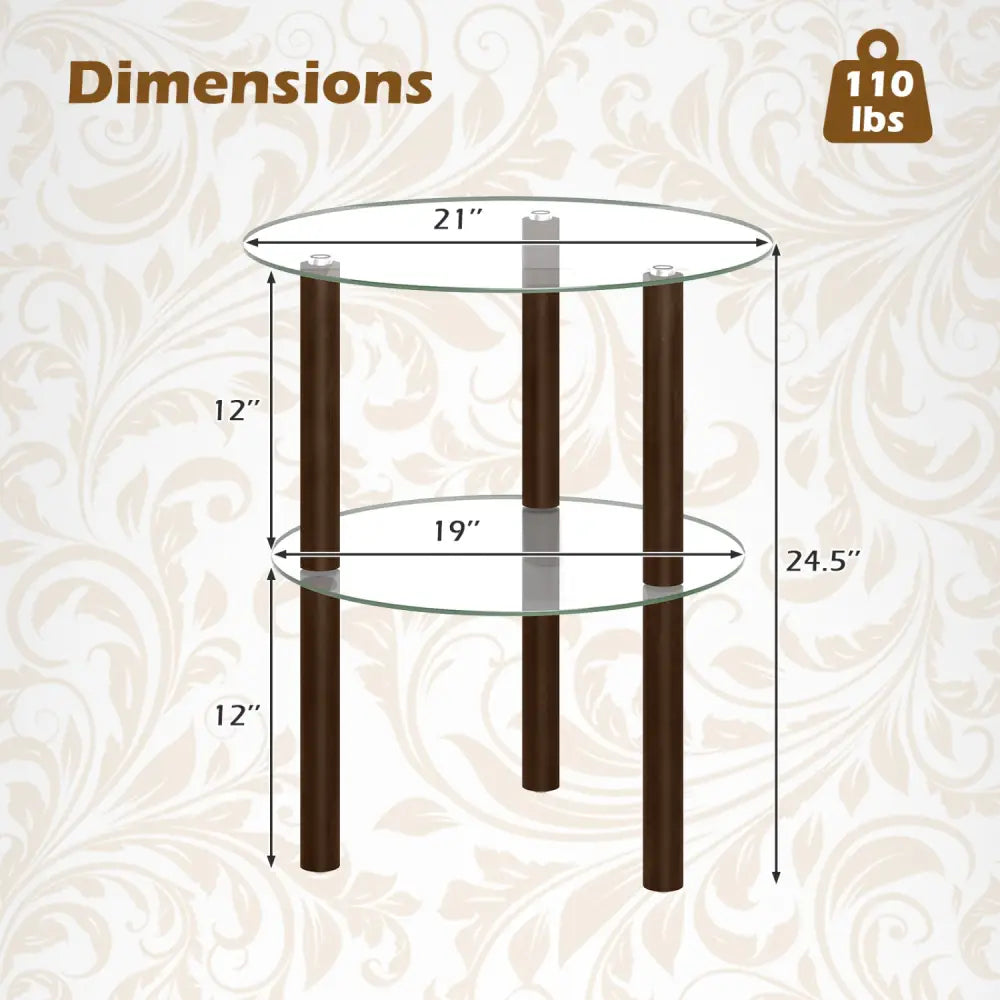 2-Tier Round End Table with Clear Tempered Glass Top and Shelf-Brown - Brown - End & Side Tables