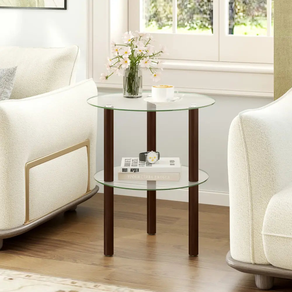 2-Tier Round End Table with Clear Tempered Glass Top and Shelf-Brown - Brown - End & Side Tables