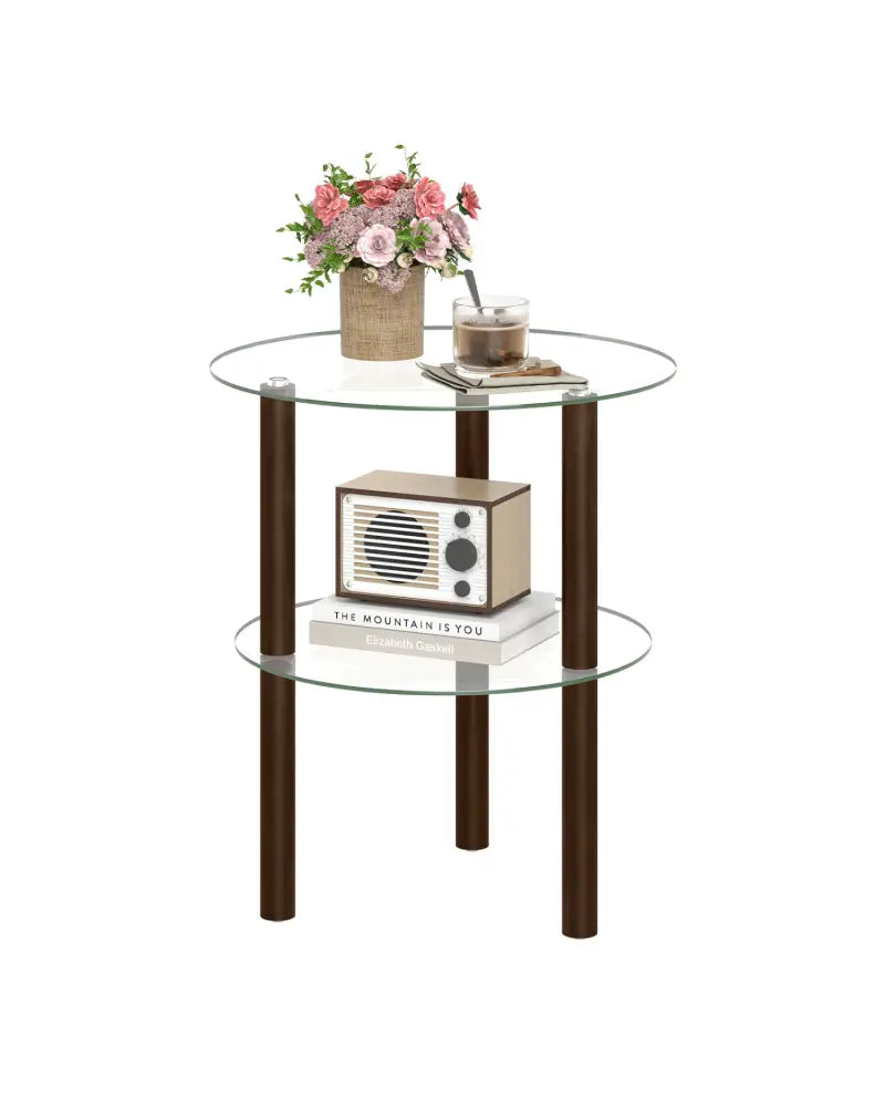2-Tier Round End Table with Clear Tempered Glass Top and Shelf-Brown - Brown - End & Side Tables