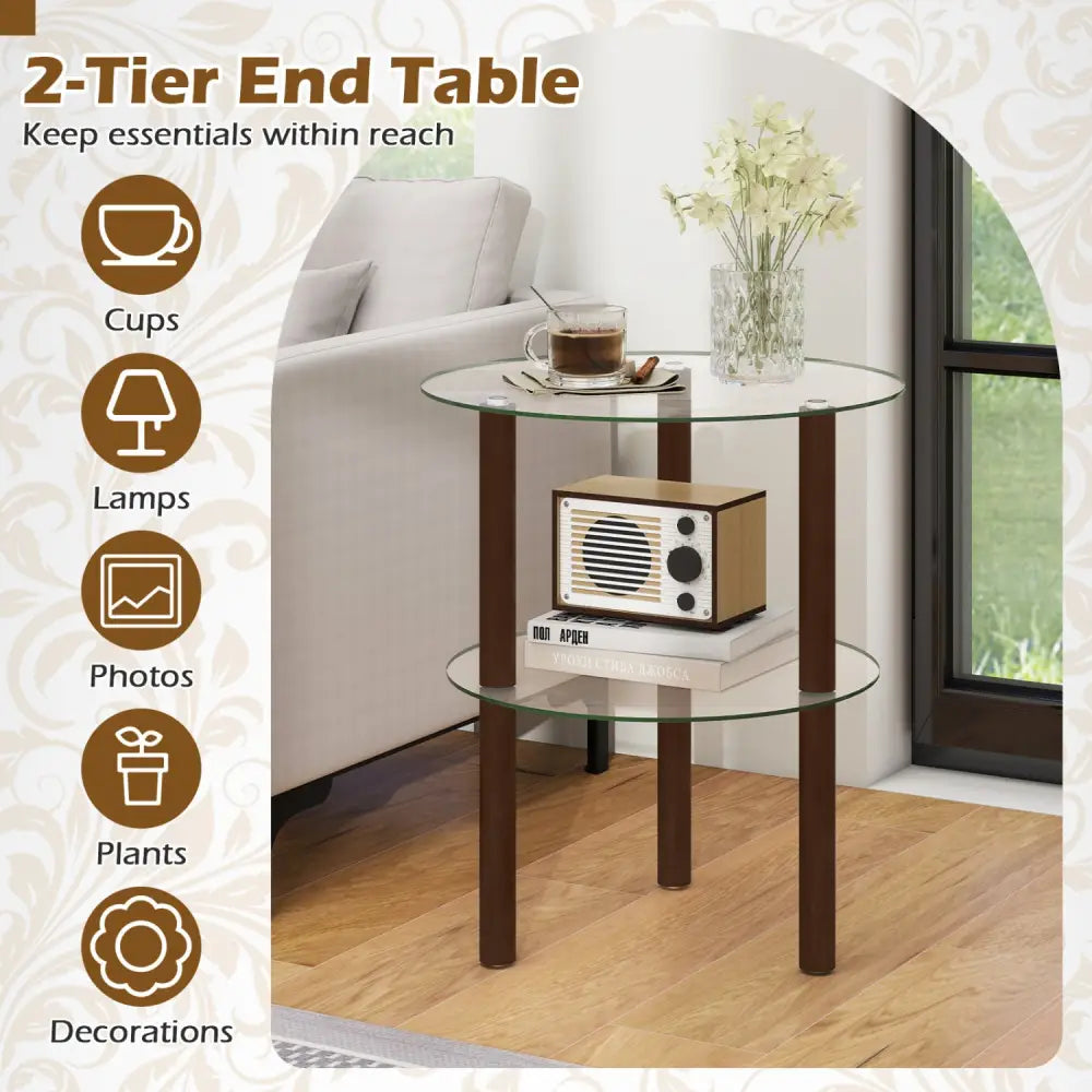 2-Tier Round End Table with Clear Tempered Glass Top and Shelf-Brown - Brown - End & Side Tables