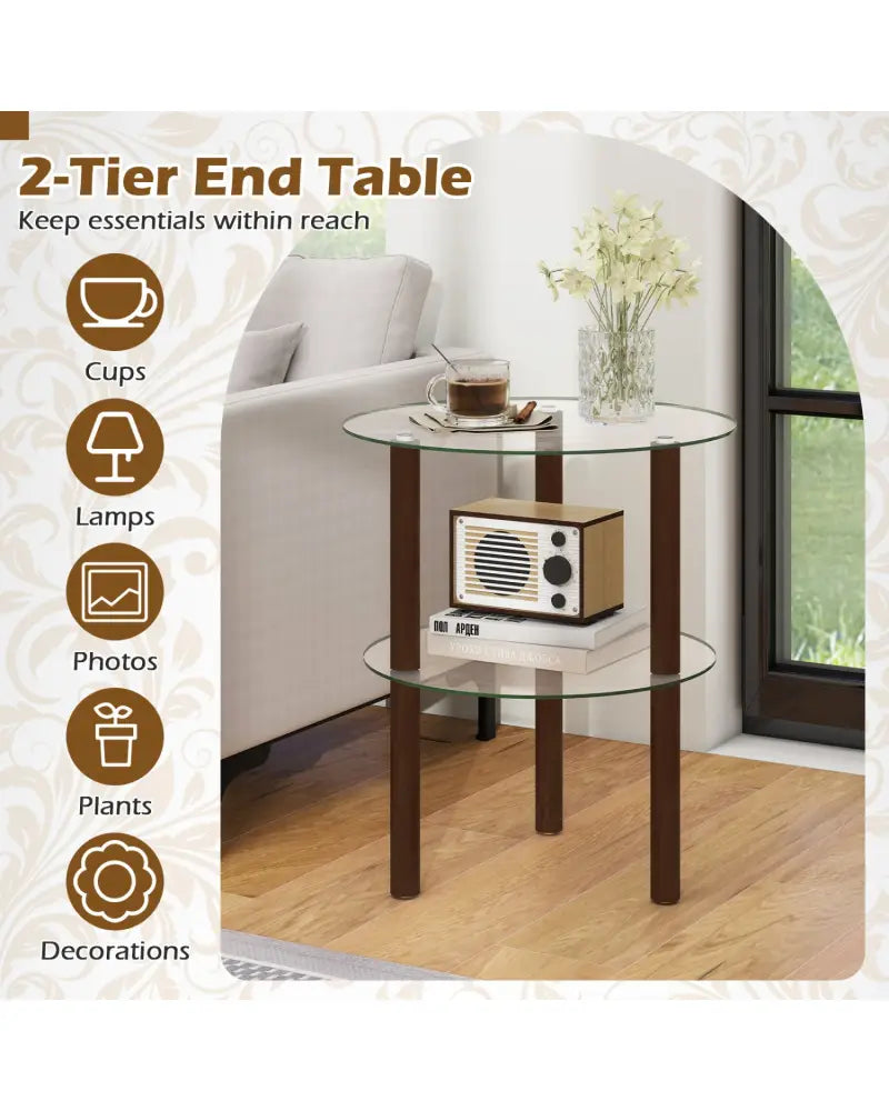 2-Tier Round End Table with Clear Tempered Glass Top and Shelf-Brown - Brown - End & Side Tables