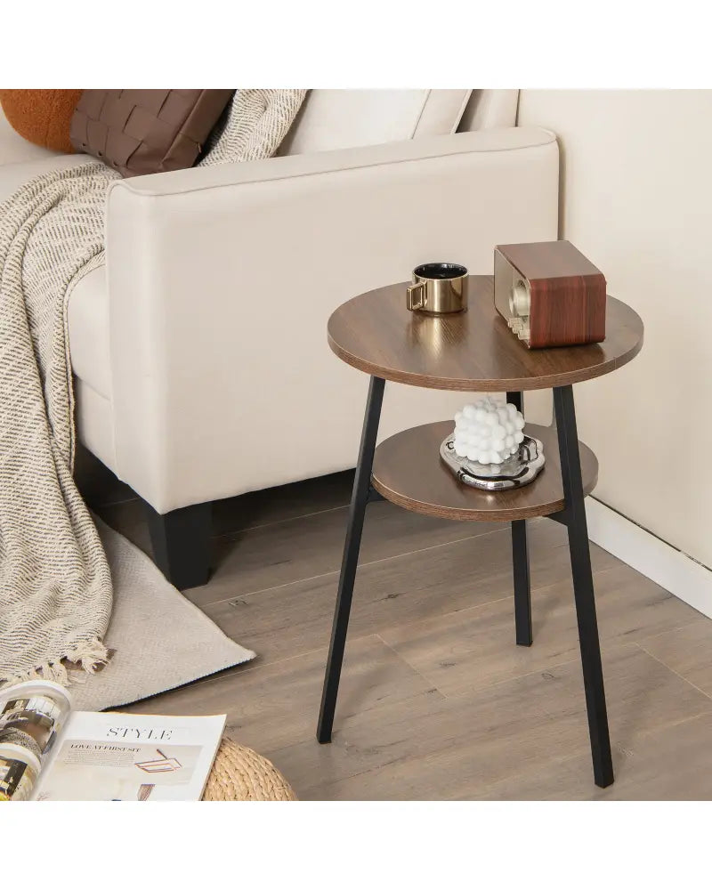 2-Tier Round End Table with Open Shelf and Triangular Metal Frame-Walnut - Walnut - End & Side Tables