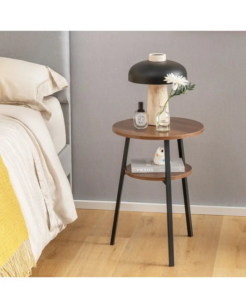 2-Tier Round End Table with Open Shelf and Triangular Metal Frame-Walnut - Walnut - End & Side Tables
