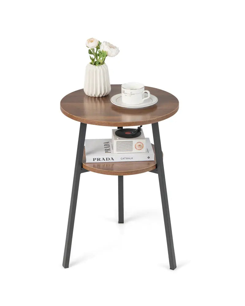 2-Tier Round End Table with Open Shelf and Triangular Metal Frame-Walnut - Walnut - End & Side Tables
