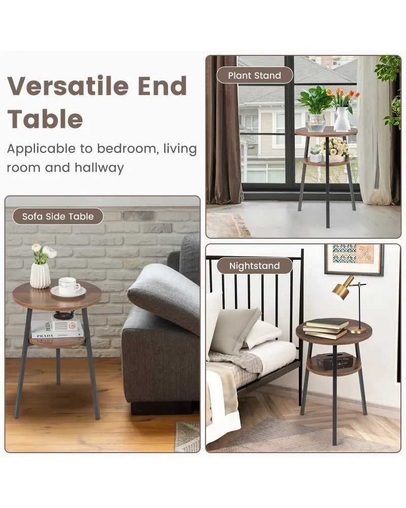 2-Tier Round End Table with Open Shelf and Triangular Metal Frame-Walnut - Walnut - End & Side Tables