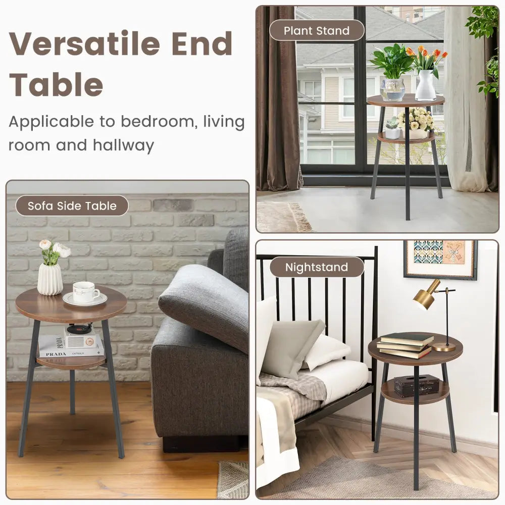 2-Tier Round End Table with Open Shelf and Triangular Metal Frame-Walnut - Walnut - End & Side Tables