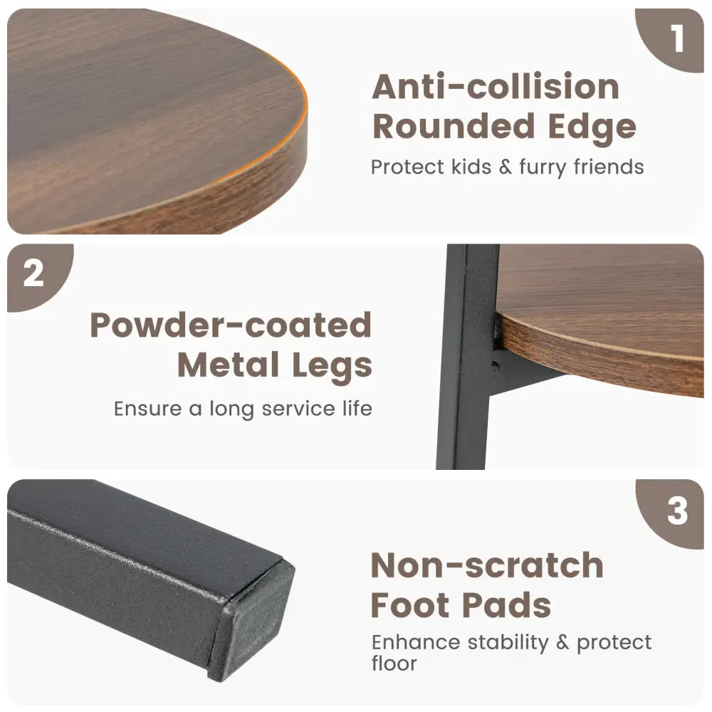 2-Tier Round End Table with Open Shelf and Triangular Metal Frame-Walnut - Walnut - End & Side Tables