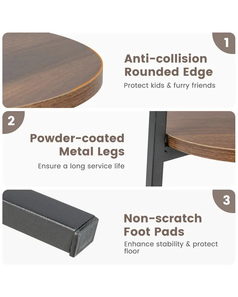 2-Tier Round End Table with Open Shelf and Triangular Metal Frame-Walnut - Walnut - End & Side Tables