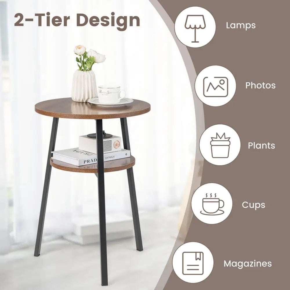 2-Tier Round End Table with Open Shelf and Triangular Metal Frame-Walnut - Walnut - End & Side Tables