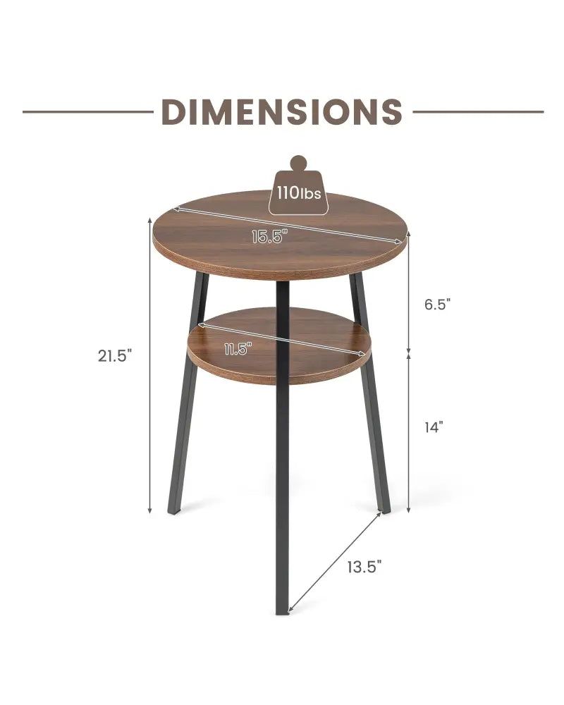 2-Tier Round End Table with Open Shelf and Triangular Metal Frame-Walnut - Walnut - End & Side Tables
