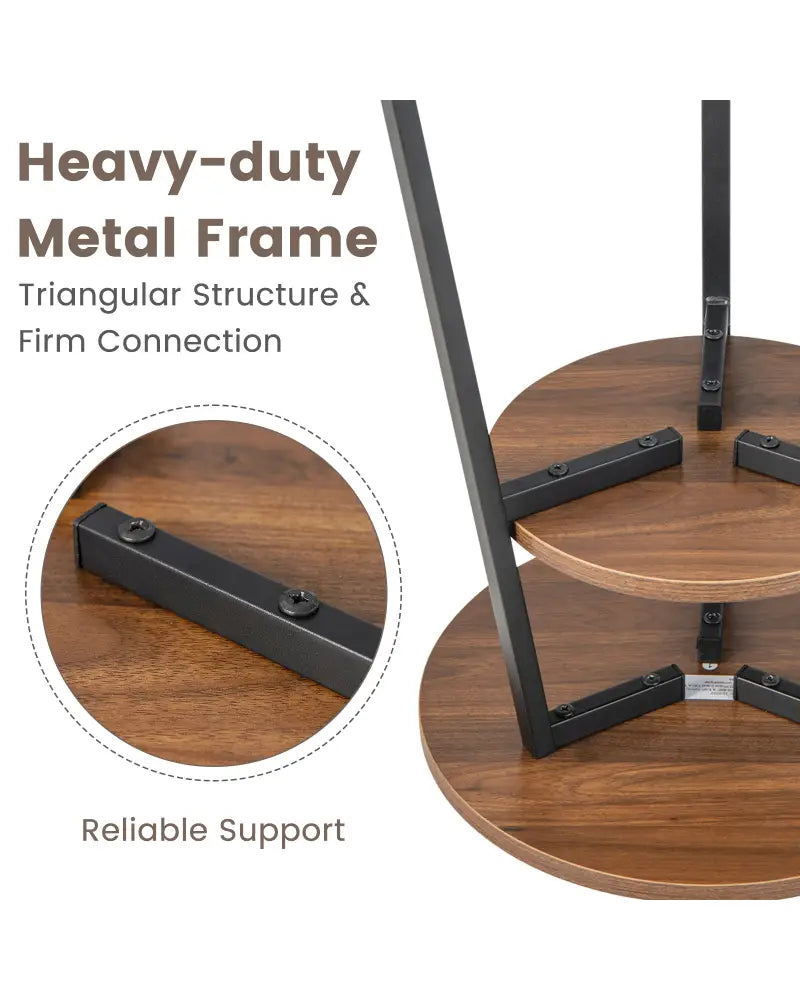 2-Tier Round End Table with Open Shelf and Triangular Metal Frame-Walnut - Walnut - End & Side Tables