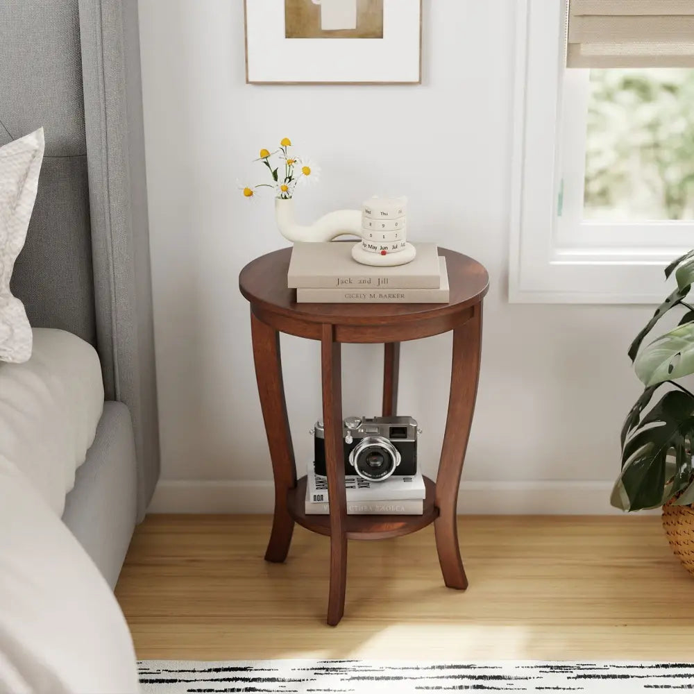2-tier Round End Table with Solid Wood Legs-Brown Costway