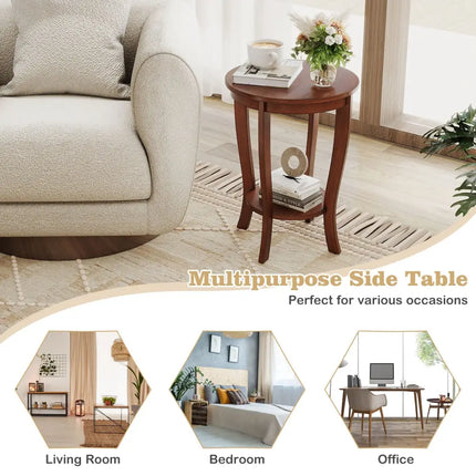 2-tier Round End Table with Solid Wood Legs-Brown Costway