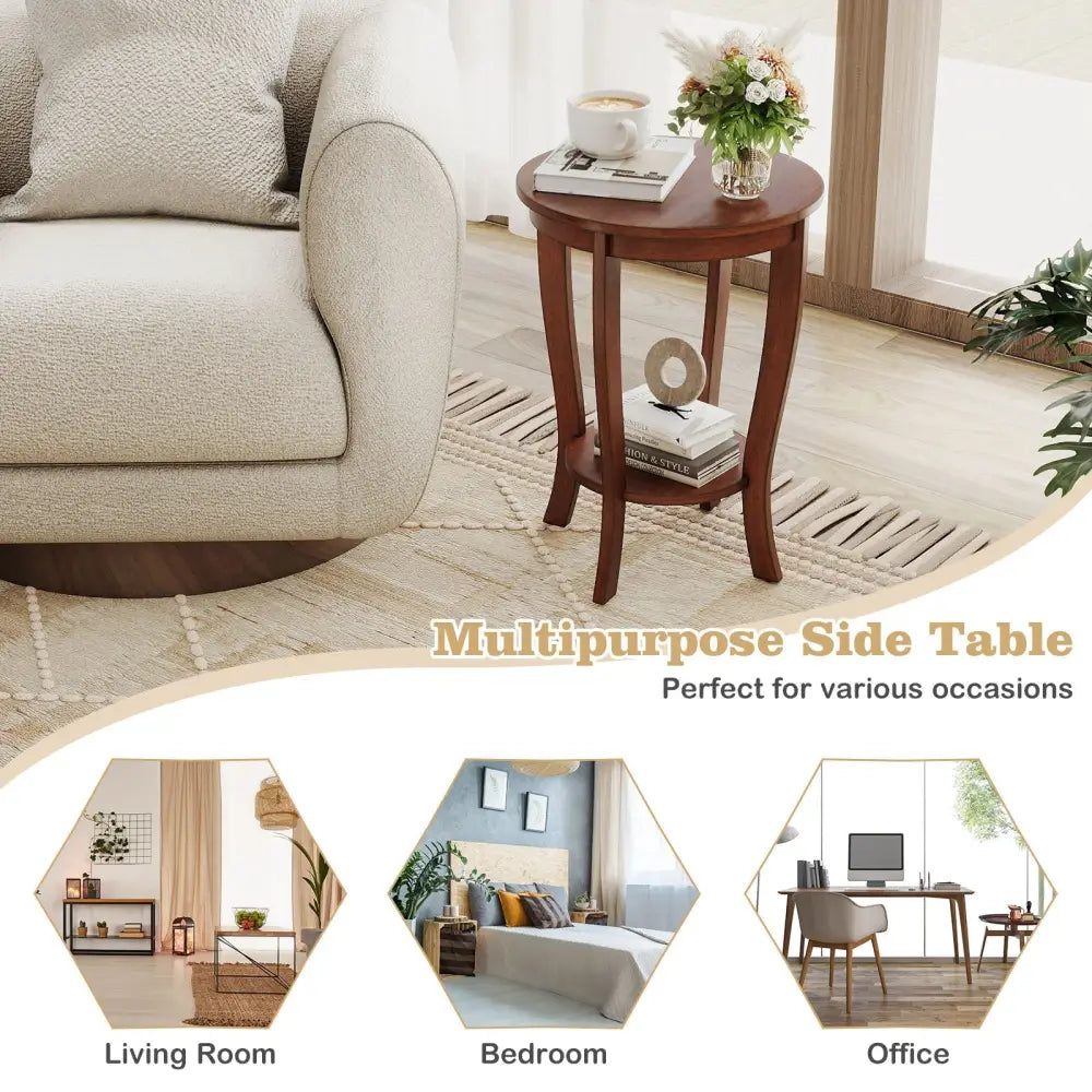 2-tier Round End Table with Solid Wood Legs-Brown Costway