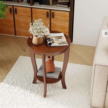 2-tier Round End Table with Solid Wood Legs-Brown Costway