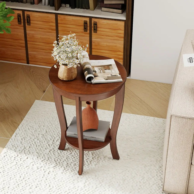 2-tier Round End Table with Solid Wood Legs-Brown Costway