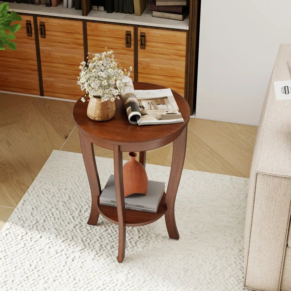 2-tier Round End Table with Solid Wood Legs-Brown Costway