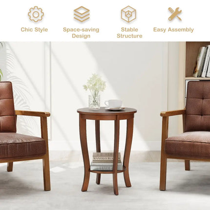 2-tier Round End Table with Solid Wood Legs-Brown Costway