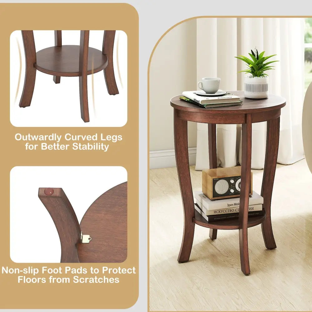 2-tier Round End Table with Solid Wood Legs-Brown Costway
