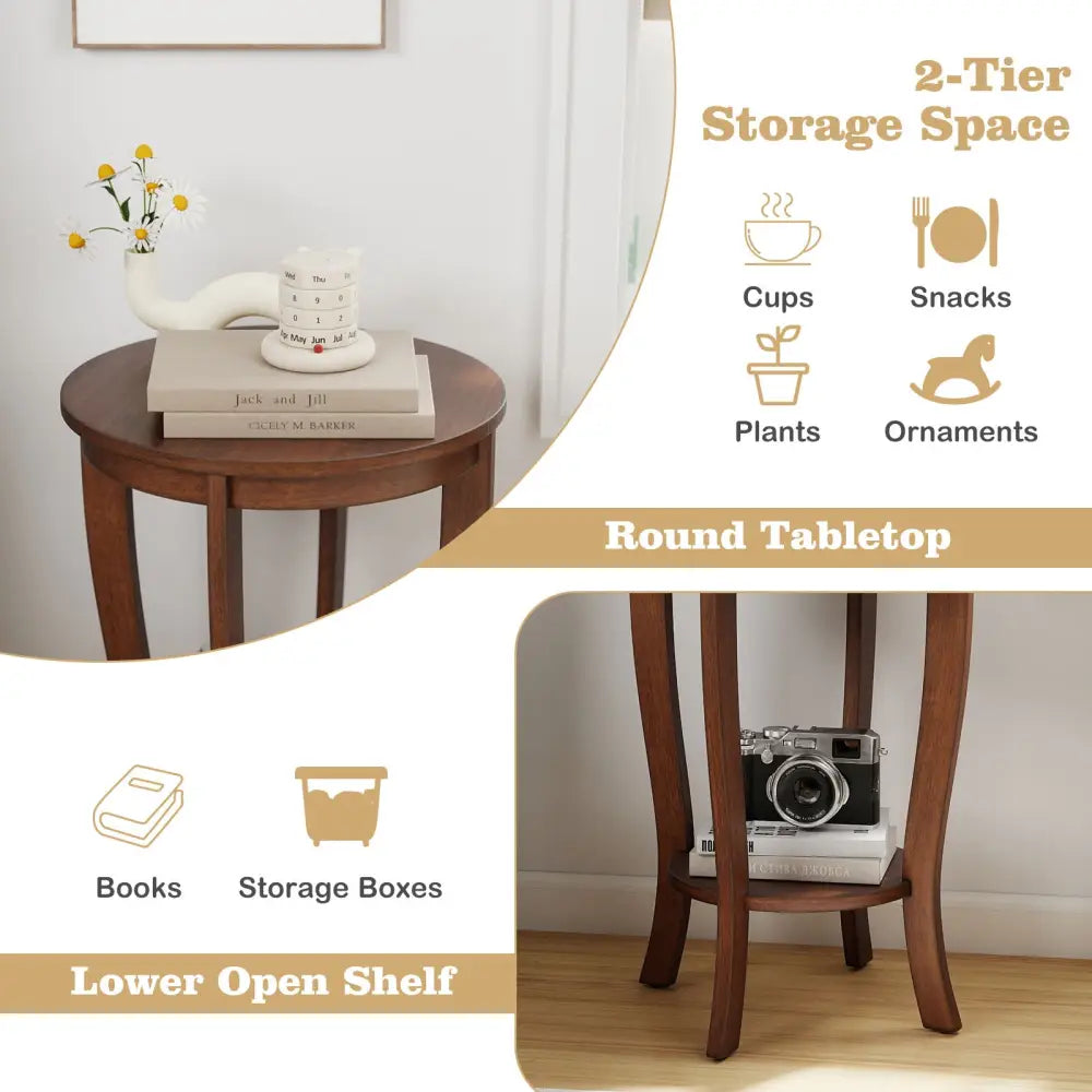 2-tier Round End Table with Solid Wood Legs-Brown Costway