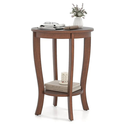 2-tier Round End Table with Solid Wood Legs-Brown Costway