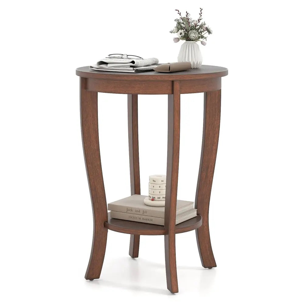 2-tier Round End Table with Solid Wood Legs-Brown Costway