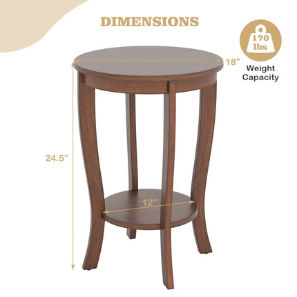 2-tier Round End Table with Solid Wood Legs-Brown Costway