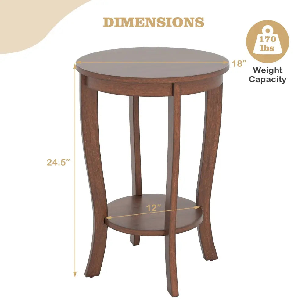 2-tier Round End Table with Solid Wood Legs-Brown Costway