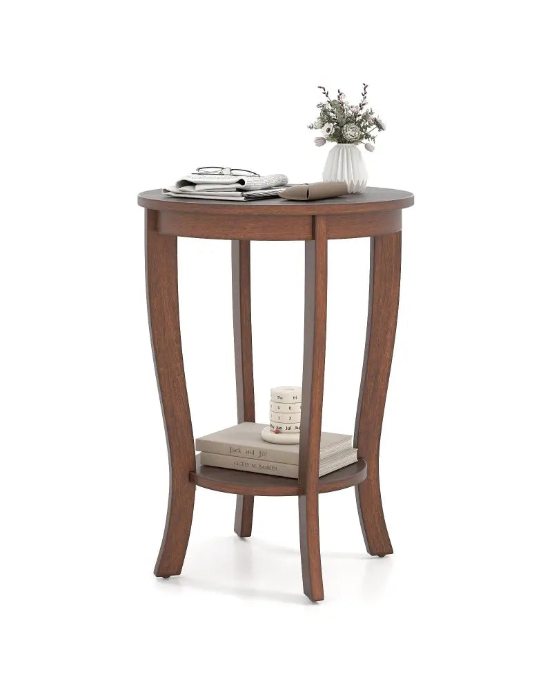 2-tier Round End Table with Solid Wood Legs-Brown - Walnut - End & Side Tables