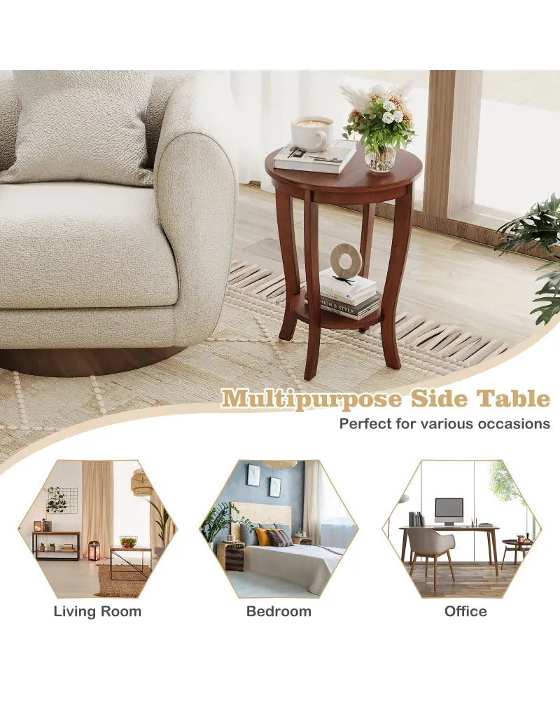 2-tier Round End Table with Solid Wood Legs-Brown - Walnut - End & Side Tables