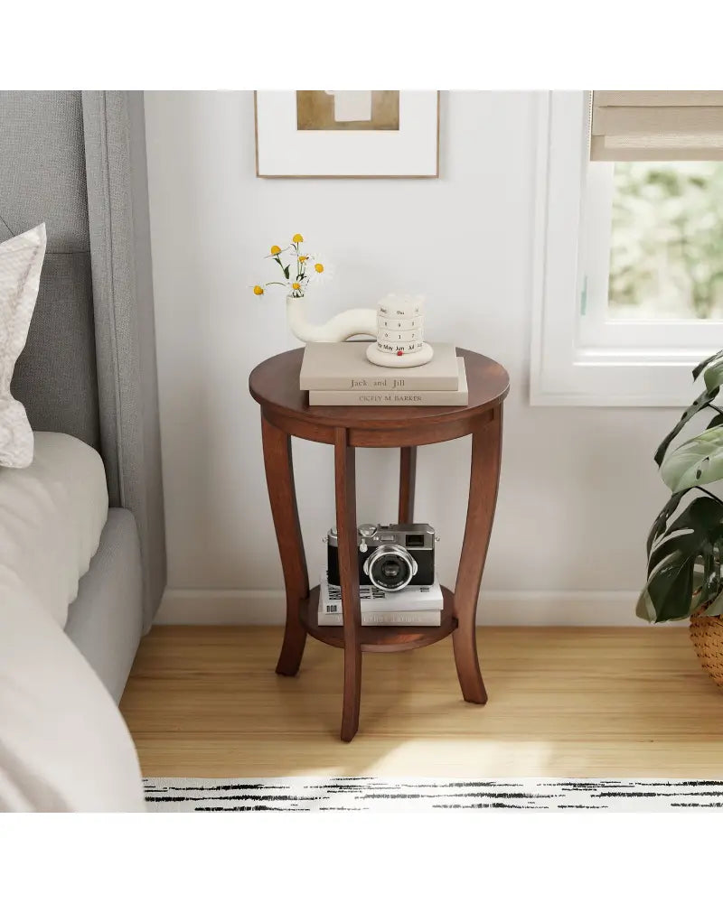 2-tier Round End Table with Solid Wood Legs-Brown - Walnut - End & Side Tables
