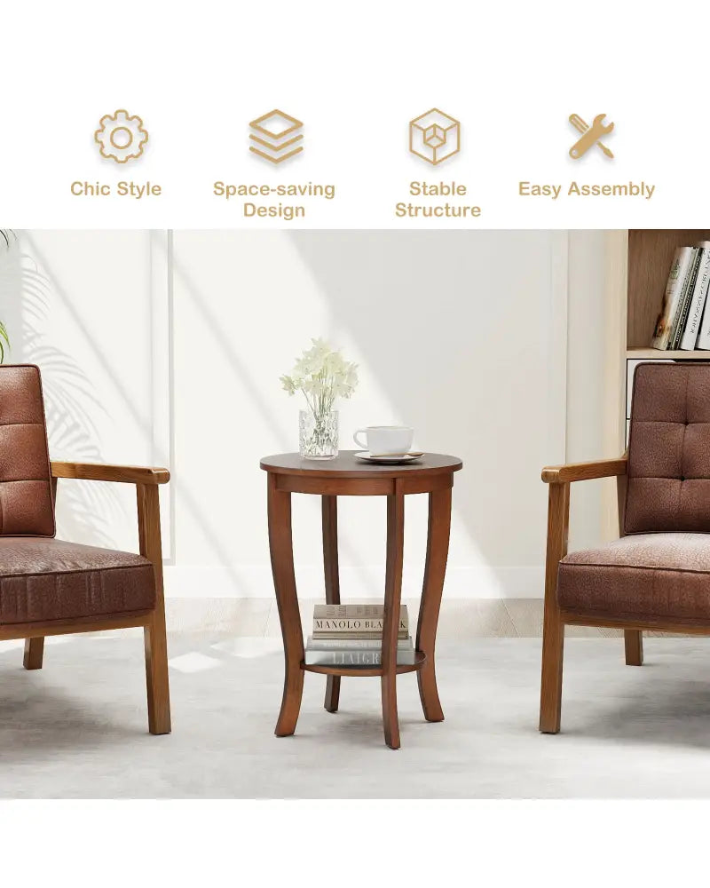 2-tier Round End Table with Solid Wood Legs-Brown - Walnut - End & Side Tables