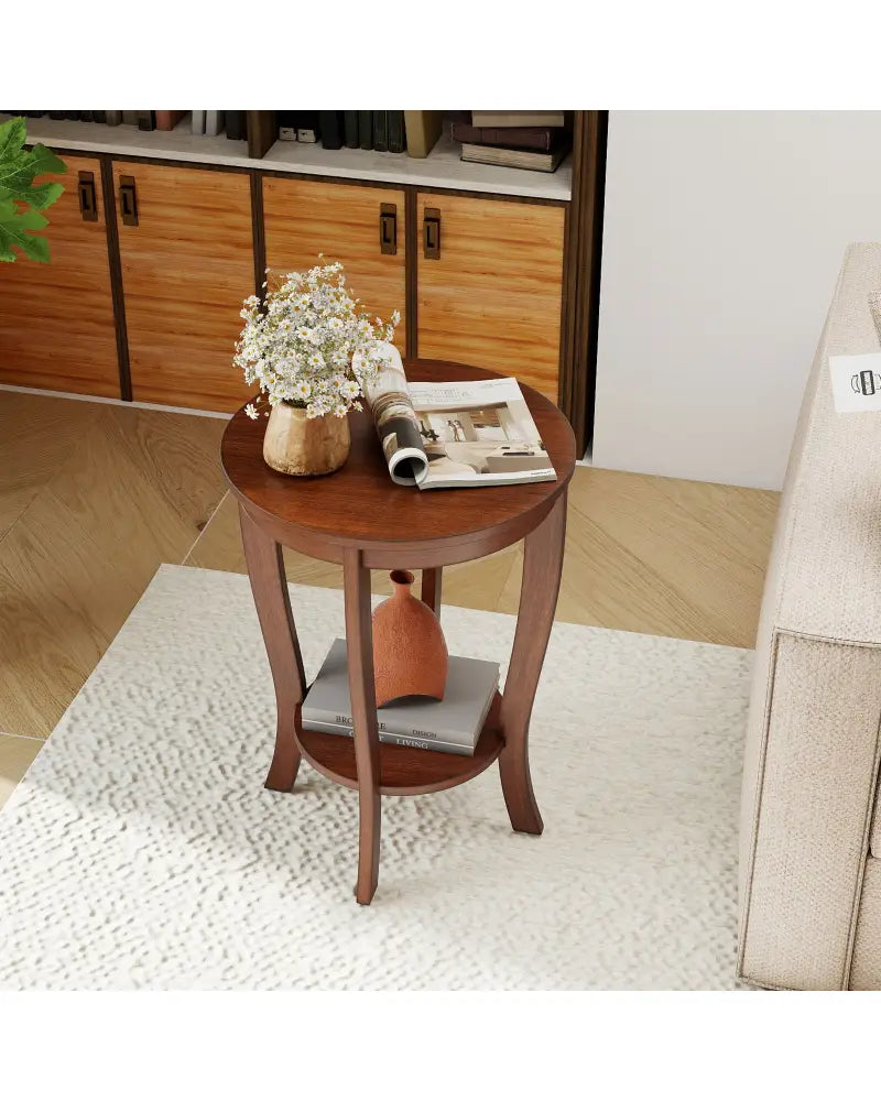 2-tier Round End Table with Solid Wood Legs-Brown - Walnut - End & Side Tables