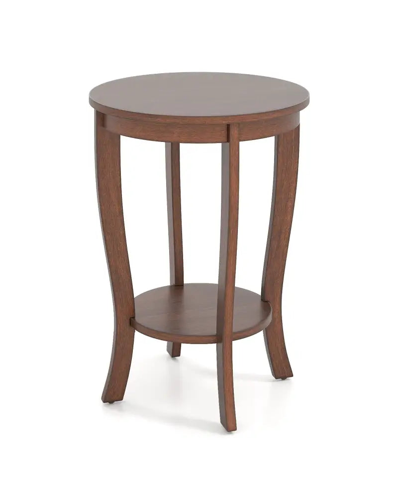 2-tier Round End Table with Solid Wood Legs-Brown - Walnut - End & Side Tables